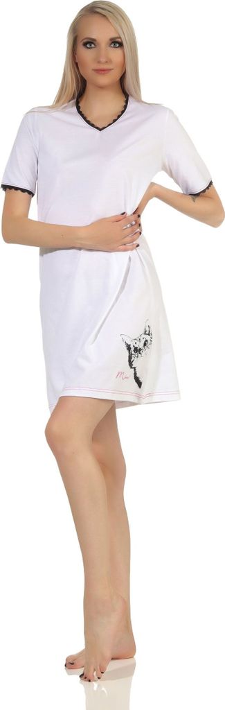 Süsses Damen kurzarm Nachthemd mit Katze als Motiv und mit Spitzenbesatz ; weiss , 48