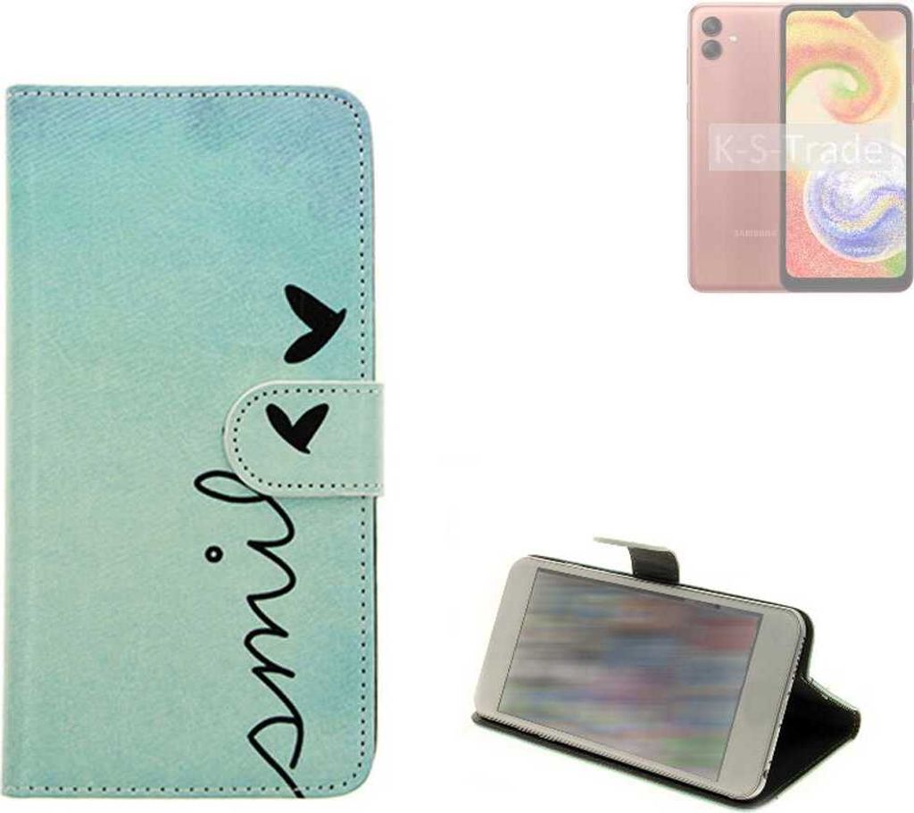 K-S-Trade Schutz Hülle Handy Hülle kompatibel mit Samsung Galaxy A04 Hülle Handyhülle cover bookstyle Etui Handyhülle “smile“ türkis