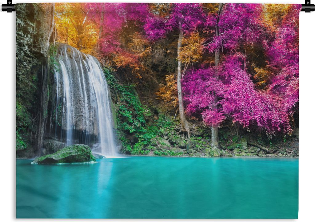 MuchoWow Wandteppich Wandbehang Wasserfall - Bäume - Rosa - Braun - Natur 90x67.5 cm Tapisserie Dekoration Wandtuch - Fototeppich - Wand-Skulpturen