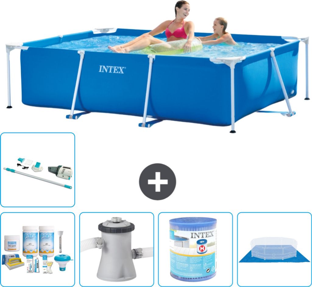 Intex-Schwimmbecken mit rechteckigem Rahmen – 220 x 150 x 60 cm – Blau – im Lieferumfang enthalten Wartungspaket - Filterpumpe für Schwimmba...