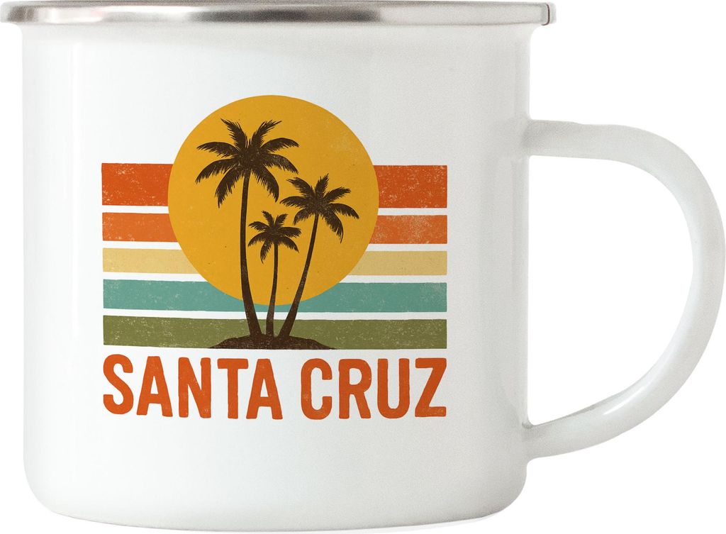 Santa Cruz Emaille Tasse – Retro Palmen Design mit Sonne, Camping und Strandurlaub Geschenkidee