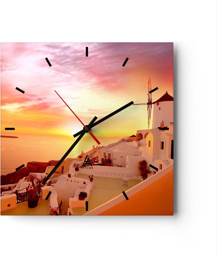 Wanduhr - Quadrat - Glasuhr - Santorini Griechenland Urlaub - 30x30cm - Schleichendes Uhrwerk - Lautlos - zum Aufhängen bereit - Dekoration Modern...