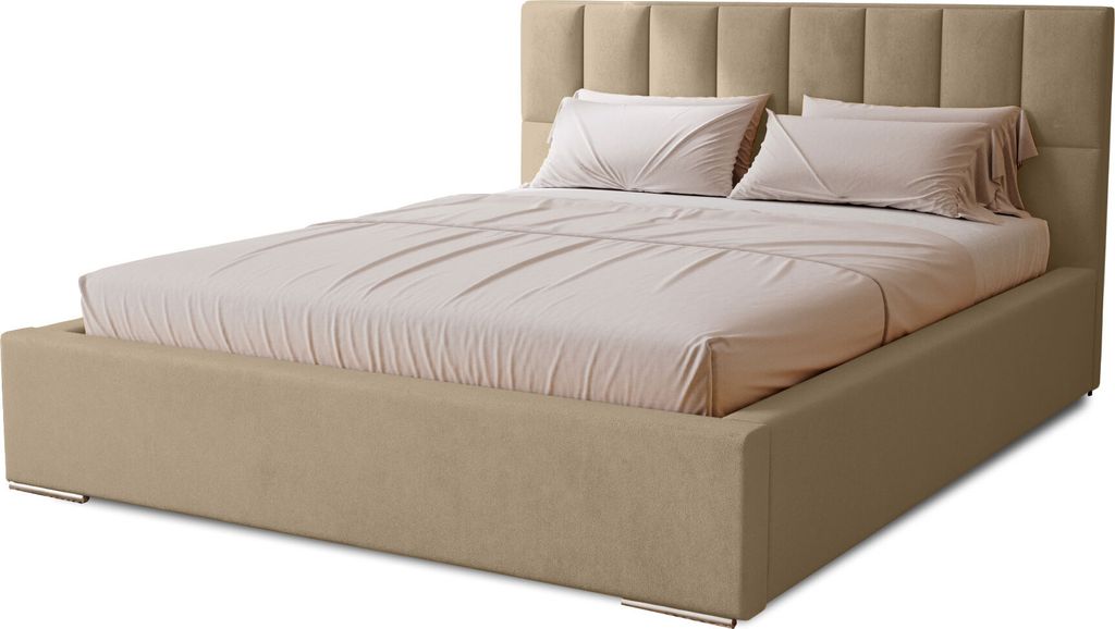 Polsterbett Dream 140x200 cm, Bett mit Kopfteil, Doppelbett mit Bettkasten, Lattenrost und Matratze aus Holz, Velourstoff: Creme