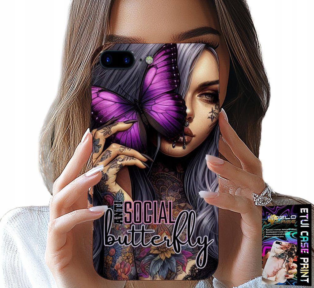 Etui Für Iphone ( 7 Plus ) - Anti Social, Schmetterling, Rosa Schmetterling + Glas