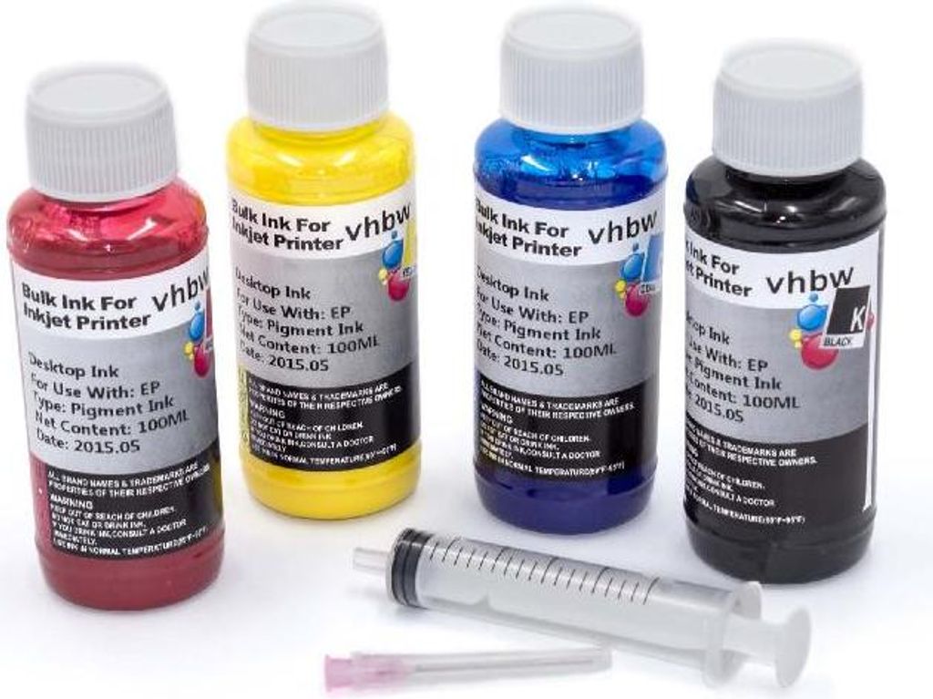 vhbw 4x Nachfülltinte kompatibel mit Epson Stylus Office BX305FW Plus, BX310 Drucker - Refillset Cyan, Magenta, Yellow, Schwarz, Pigmentiert, 100ml