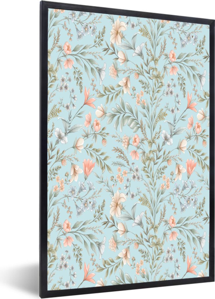 MuchoWow MuchoWow Gerahmtes Poster Blumen - Frühling - Blau 40x60 cm - Poster mit zchwarzem Bilderrahmen - Papierdruck - Wandbilder