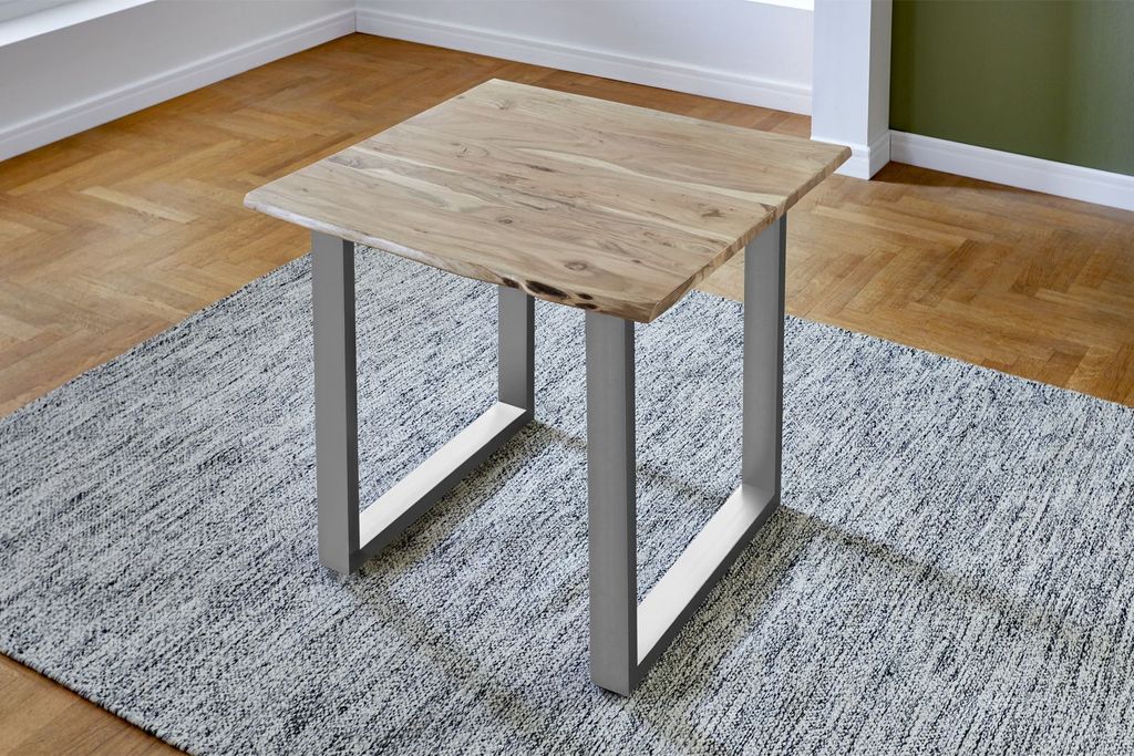 Esstisch Baumkante massiv Akazie natur 90 x 90 U-Gestell silber LUBIN
