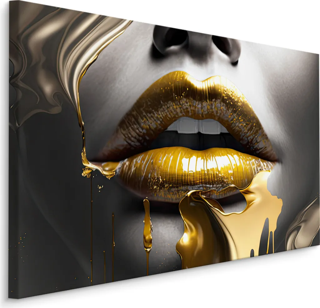 Decorazione Murale Muralo 100x70 - Quadro Labbra Oro 3D Moderno