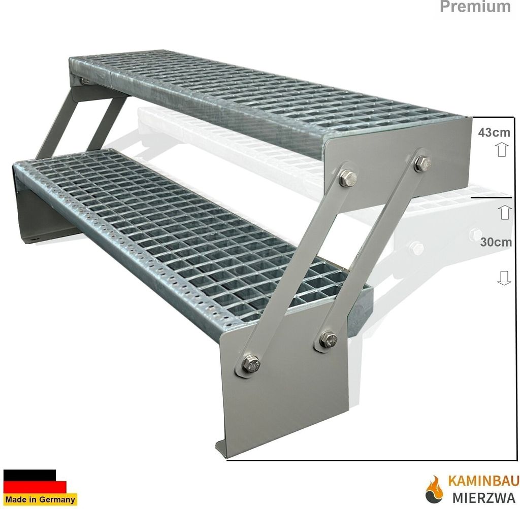 Gitterrost Stahl Wangentreppe 2 Stufen Verstellbar Verzinkt & Silber Pulverlackierte Wangen Breite 80cm x Höhe Verstellbar 30-43 cm