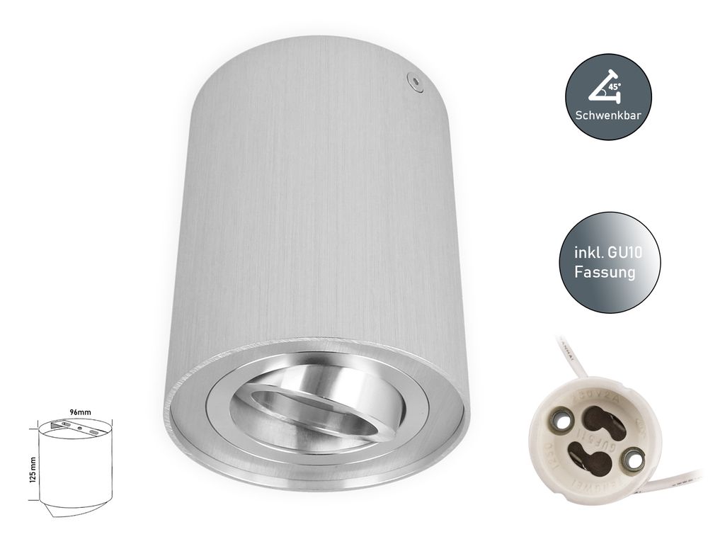 A white cylindrical LED ceiling light with a silver interior and a diagram showing its dimensions.