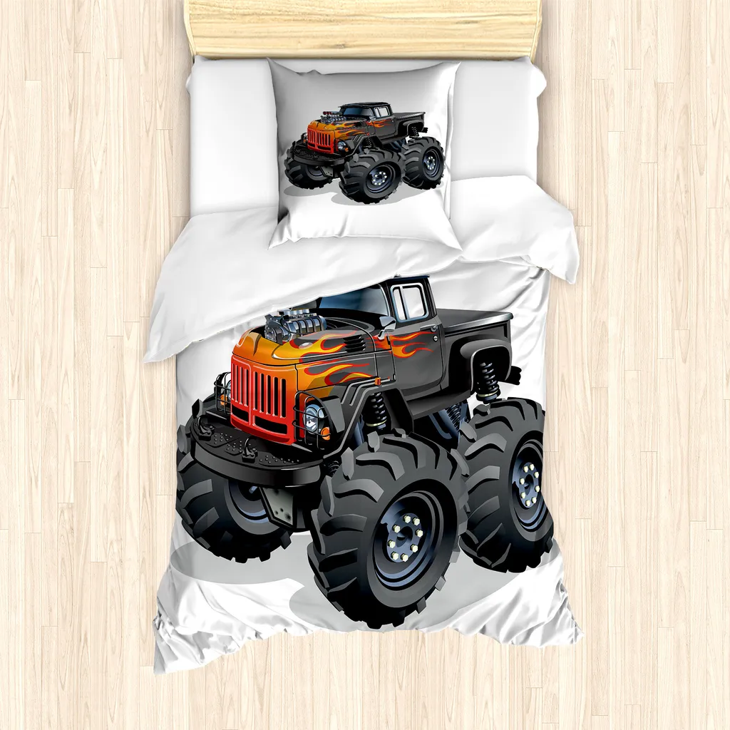 ABAKUHAUS Set copripiumino per letto singolo Monster Truck, camion cartoon, antiacaro, adatto a chi soffre di allergie, con federa, 135 cm x 200 cm - 80 x 80 cm, grigio antracite vermiglio