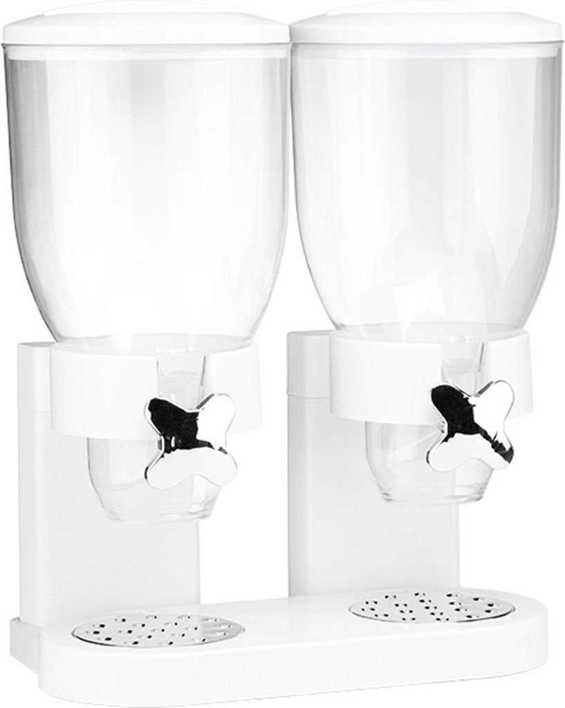 A white double cereal dispenser with clear containers and silver butterfly-shaped handles.