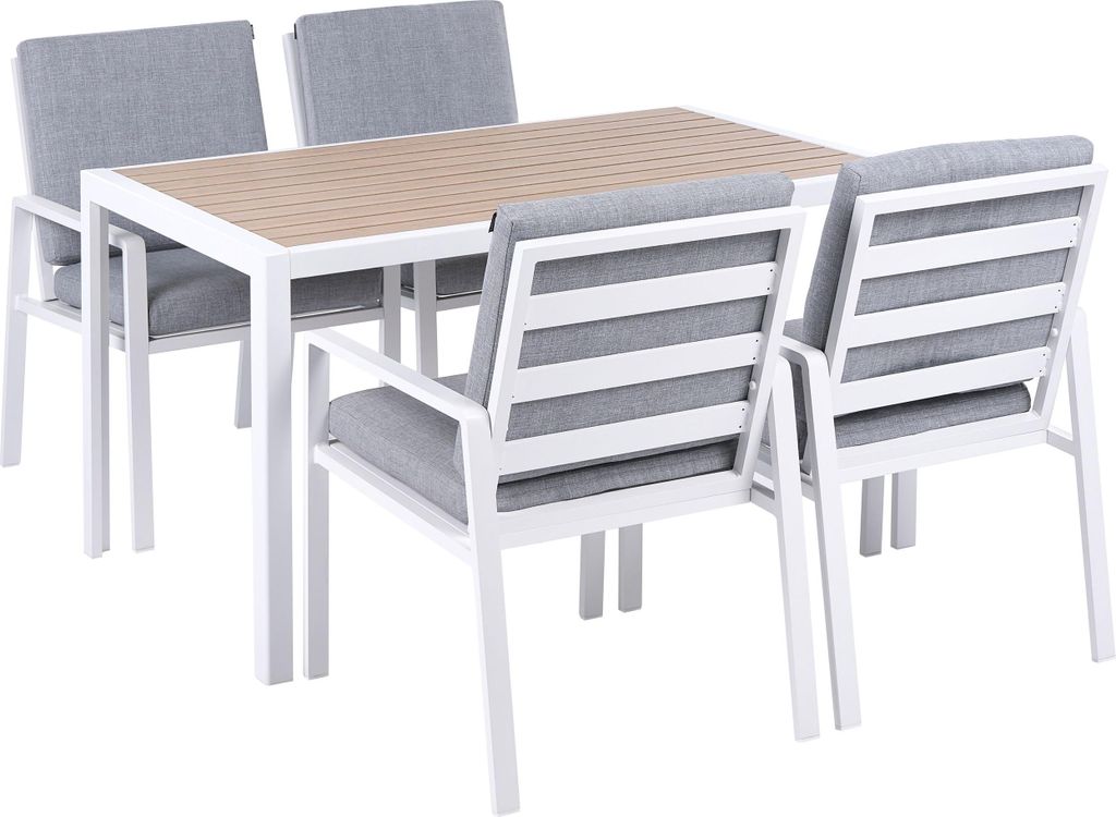 BELIANI Gartenmöbel Set Weiß / Grau Aluminium u. Kunstholz 5-Teilig Rechteckiger Tisch 140x80 cm u. 4 Stühle mit Auflagen Modern für Terrasse O...