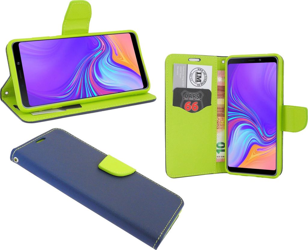 Buch Tasche "Fancy" kompatibel mit SAMSUNG GALAXY A9 2018 (A920F) Handy Hülle Etui Brieftasche Schutzhülle mit Standfunktion, Kartenfach in Blau-...