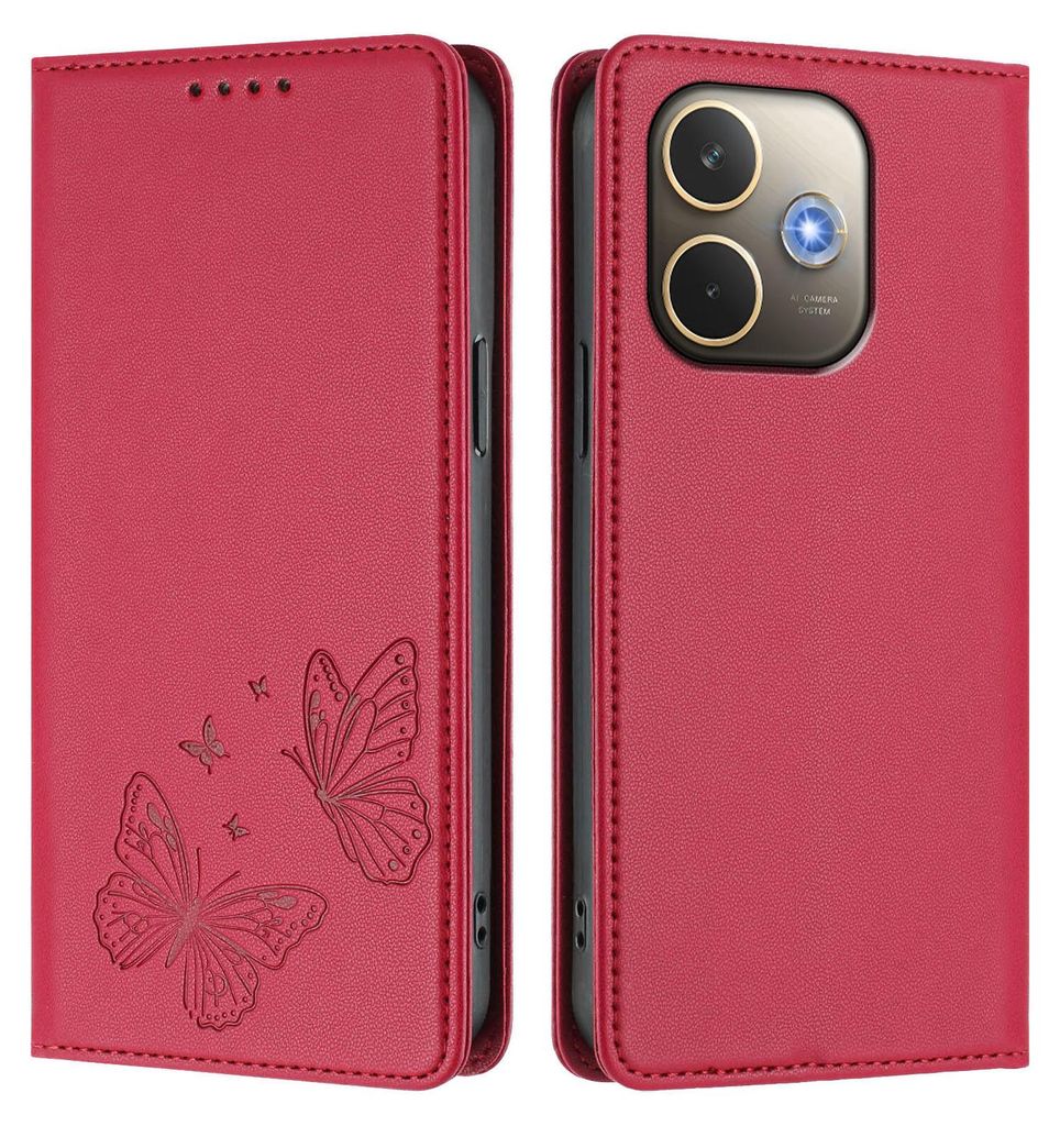 Lederhülle für Oppo A5 Pro 4G/A5 Pro 5G, Schmetterling Prägung Leder Brieftasche Schutzhülle mit Ständer Rot