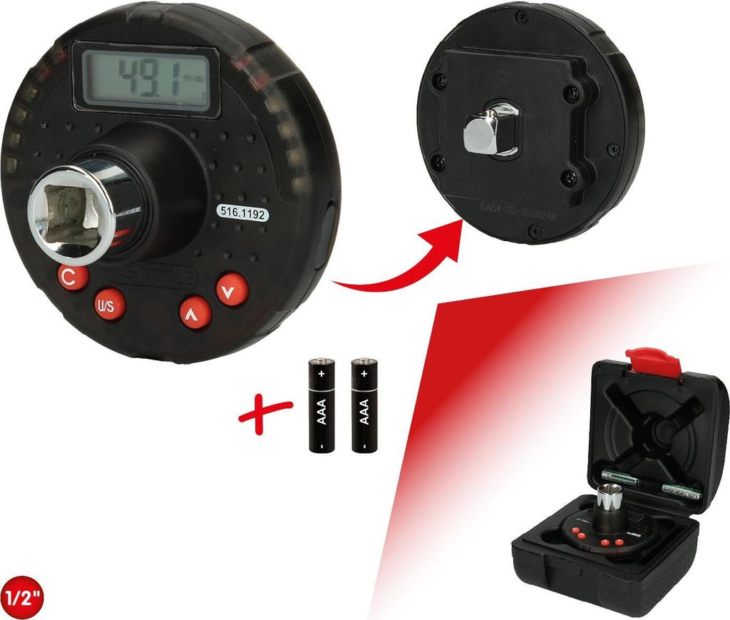 KS TOOLS 516.1192 1/2" Digitaler Drehmomentadapter mit Winkelmesser, 27-135 Nm