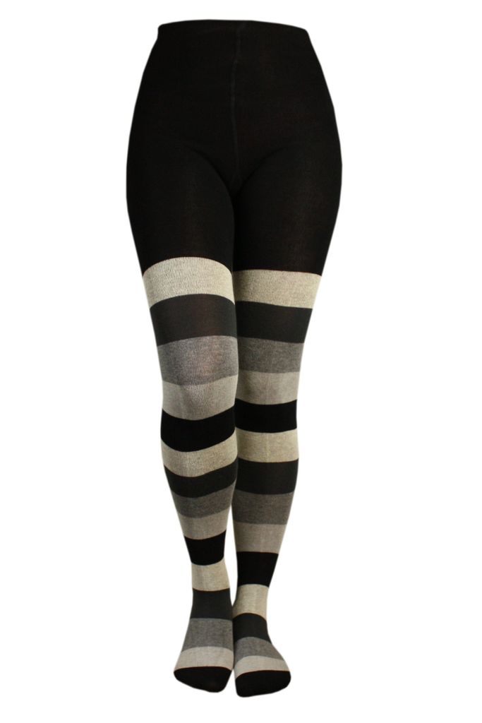 Damen Strumpfhosen aus Baumwolle Blockringel Schwarz und Grau Größe 48-50