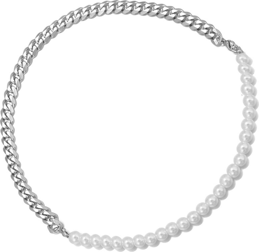 Herren-Armband, schlichtes Aussehen, Hip-Hop-Modeschmuck, Imitationsperle, kubanischer Ketten-Spleiß-Armreif für den Alltag-Silber