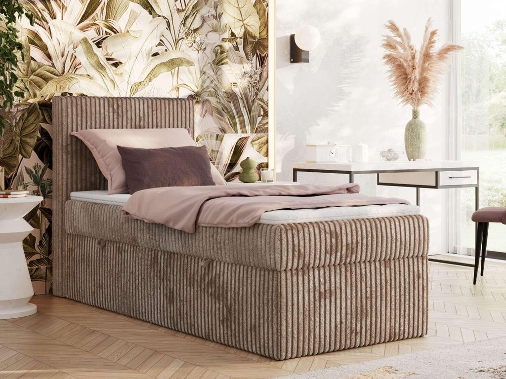 MKS MEBLE Boxspringbett 90x200 TILIANO, Einzelbett mit Multipocket-Matratze, Stauraumbett, gepolstert Kopfteil - Topper T25 - H4 - Braun Cord - Lin...