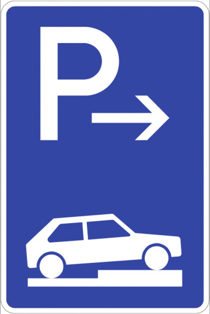 Verkehrsschild VZ315-77, Parken halb auf Gehwegen quer rechts (Ende), Alu, RA...