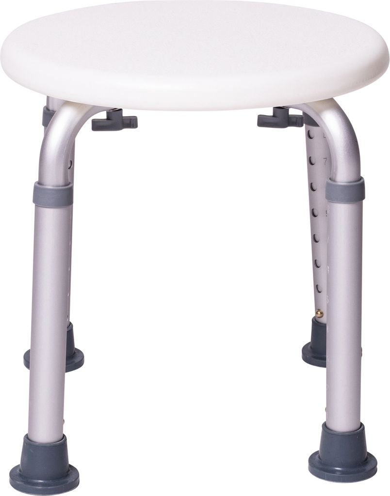 A white and silver adjustable shower stool against a white background.