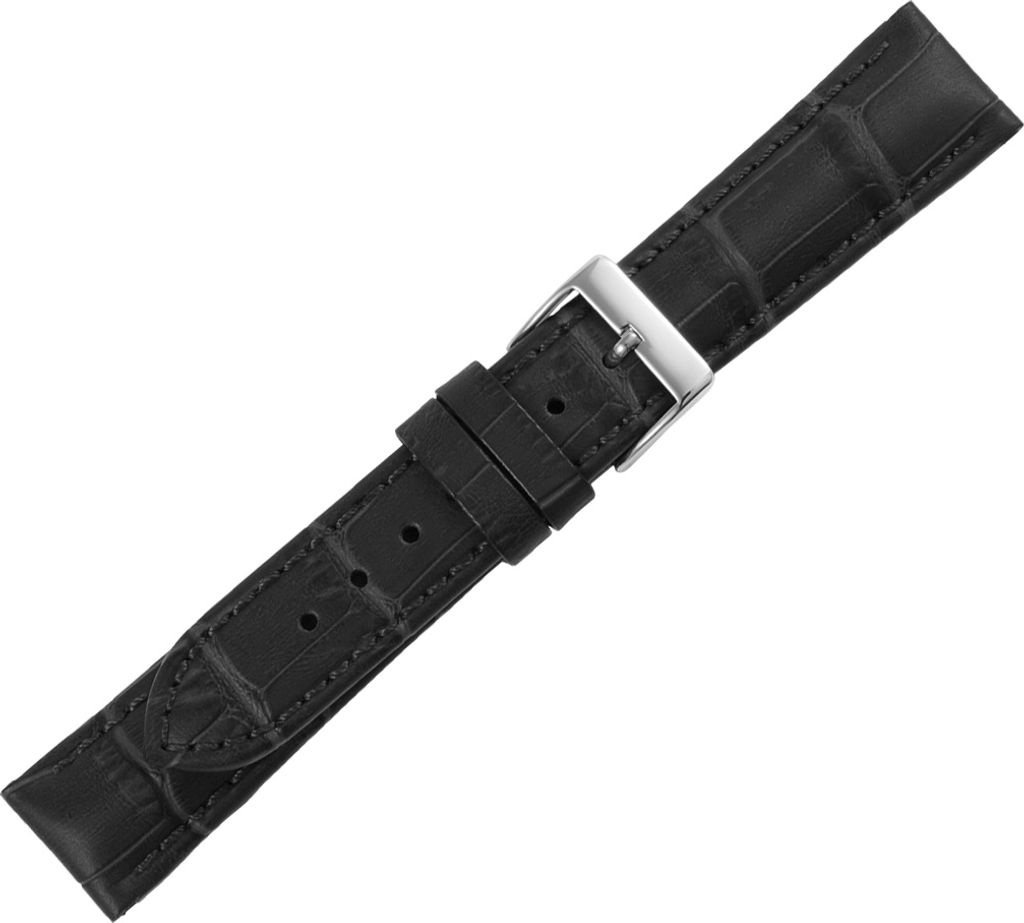 Minott | Uhrenarmband Kalbsleder schwarz Krokoprägung Ton-in-Ton-Naht, Stegbreite:22mm, Schließe:Silbern