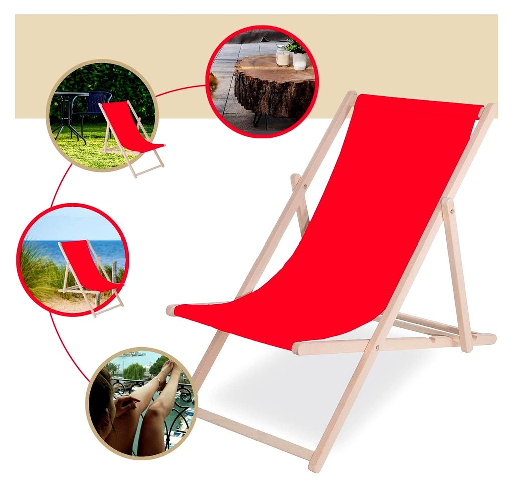 Klappstuhl aus Massivholz, Sonnenliege für Garten, Balkon und Terrasse, wetterfeste Gartenliege, leicht klappbare Strandliege, Strandstuhl (Rot)