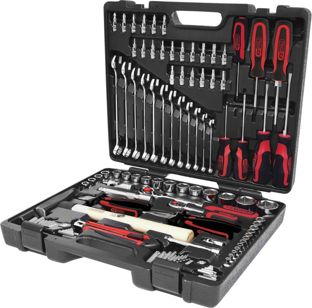 A black tool case filled with various tools, including wrenches, screwdrivers, and sockets.