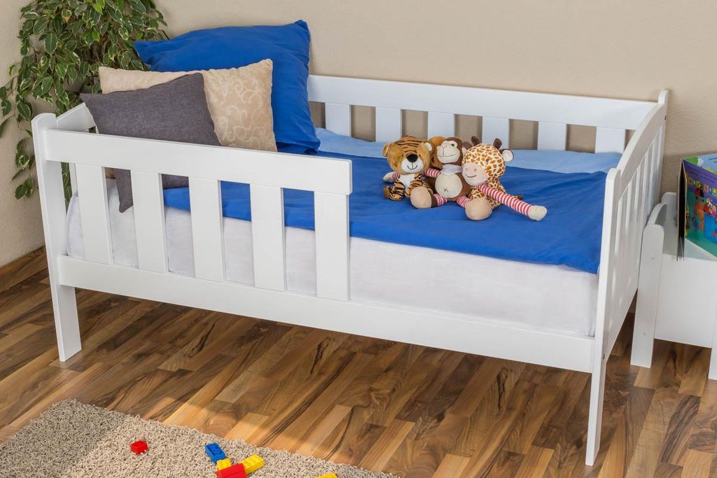 Kinderbett / Juniorbett Kiefer massiv Vollholz weiß 96, inkl. Lattenrost - Abmessung 90 x 160 cm