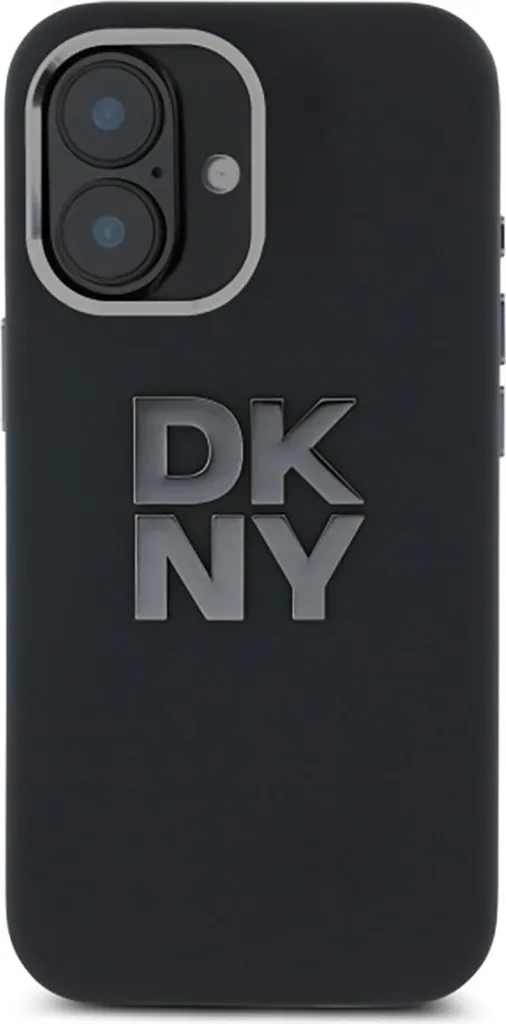 Cover DKNY iPhone 16 Nero: Silicone Liquido e Logo Metal Donna Karan