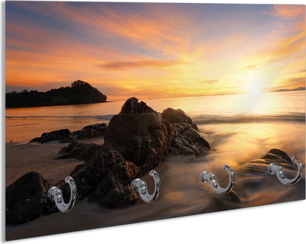 Wallario Schlüsselbrett aus Glas, Motiv: Sonne über dem Meer mit Felsenlandschaft, 30 x 20 cm mit 4 Haken
