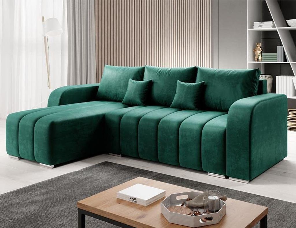 Velvet Ecksofa in L-Form 245 x 86 x 147 cm mit Schlaffunktion und Bettzeugbehälter - Schlafsofa mit Bettkasten - Eckcouch mit Stauraum - Links Cou...