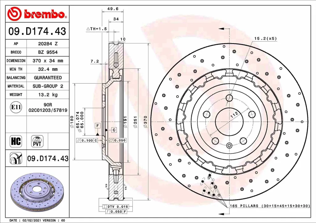 Brembo 09.D174.43 Disque de frein haute performance pour Audi TT FV