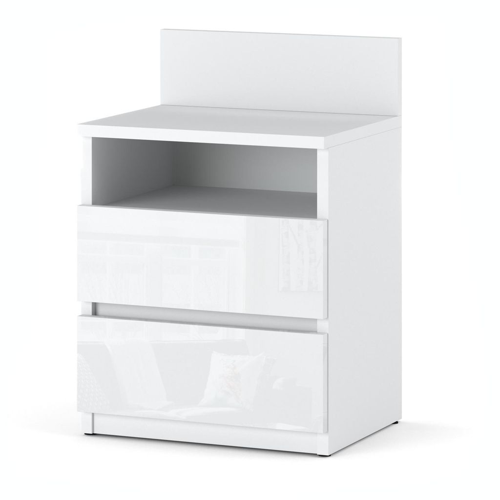 A white nightstand with two drawers and an open shelf, shown against a white background.
