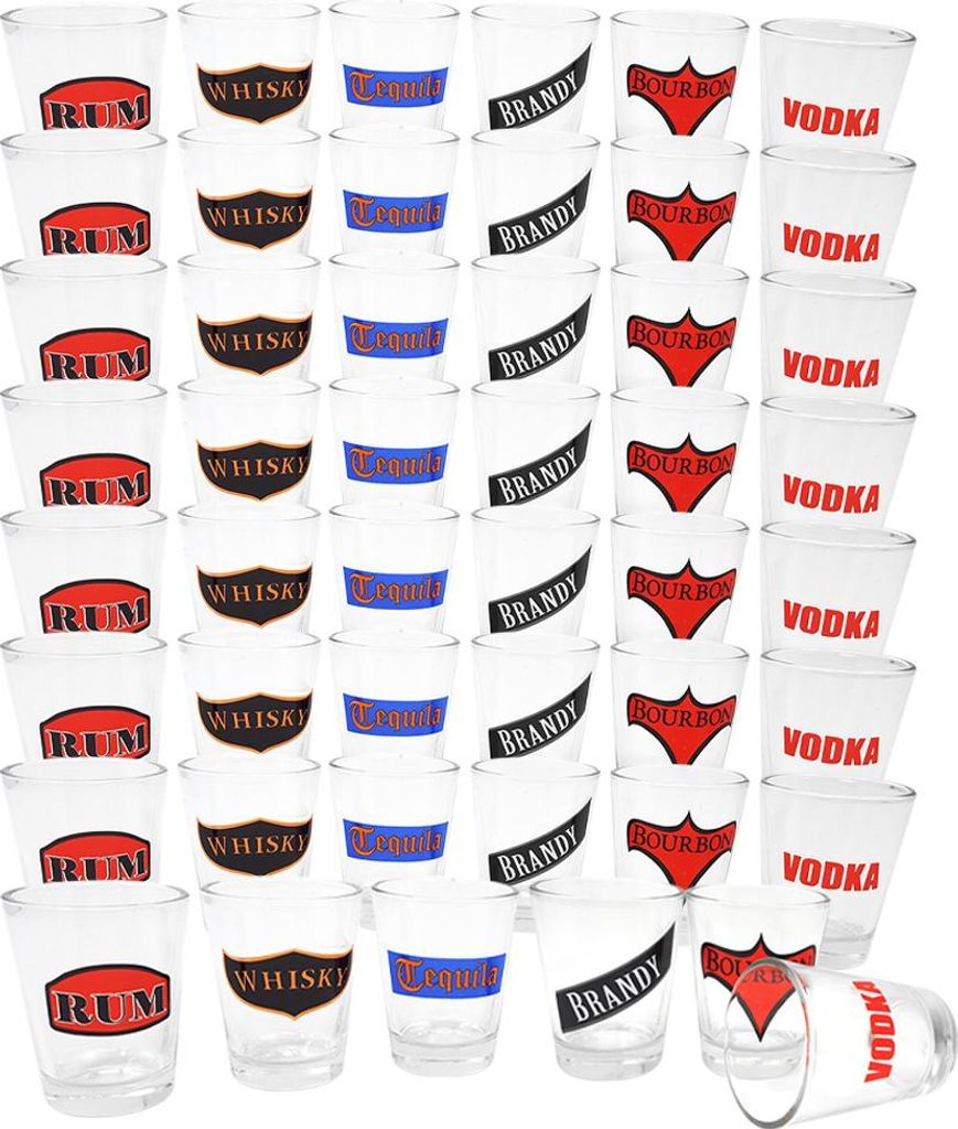 com-four 48x Schnapsglas - Stamper-Set - Likörstamper je 45 ml - Schnapsstamper mit 6 Aufdrucken - Likörgläser für Kurze, Trinkspiele, Party ...