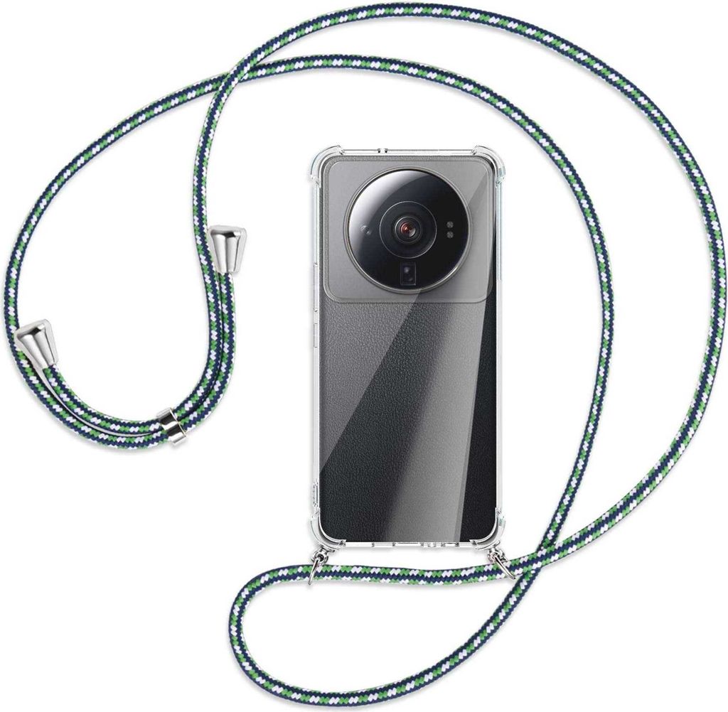 Handykette Backcover-Schutzhülle mit Band (Metall silberfarben) für Xiaomi 12 Ultra - grün/blau/weiß