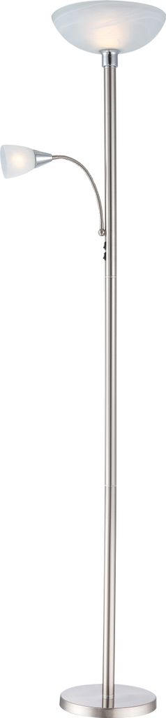 A floor lamp with two lights, one main overhead light and a smaller adjustable reading light.