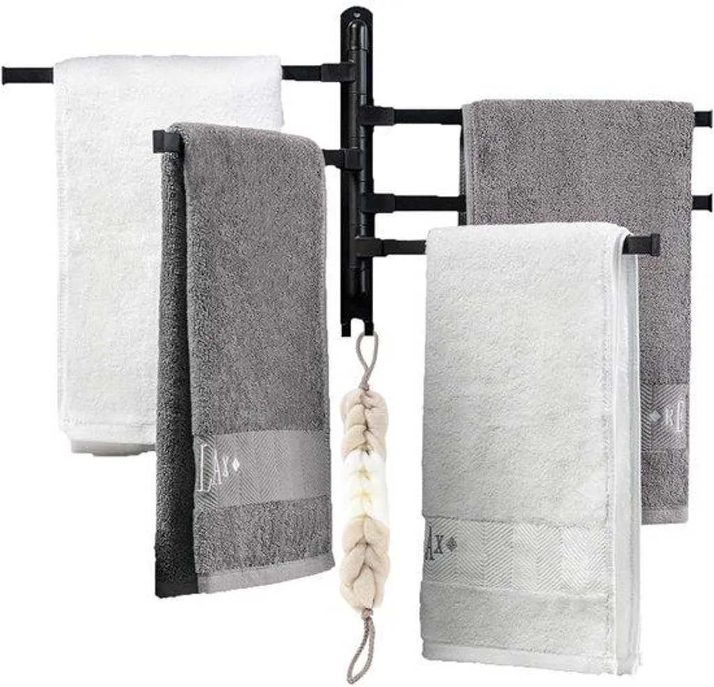 Porte-serviettes noir à 5 bras pivotants en acier inox - Fixation murale