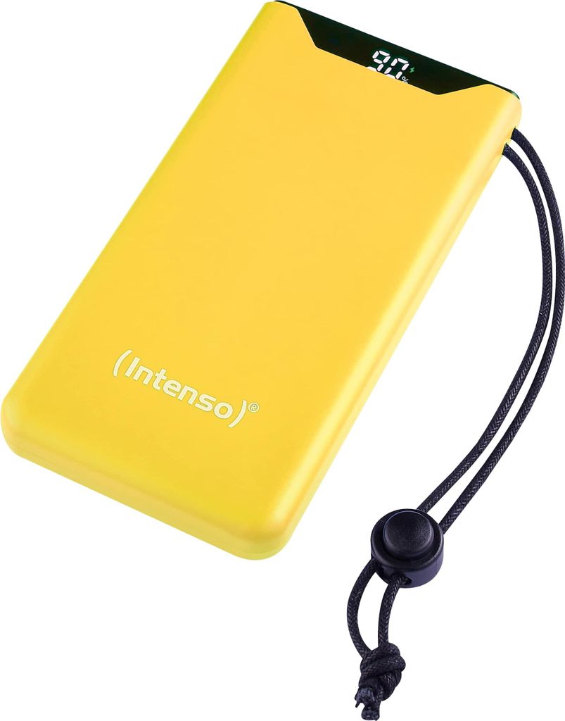 A yellow power bank with a black lanyard.