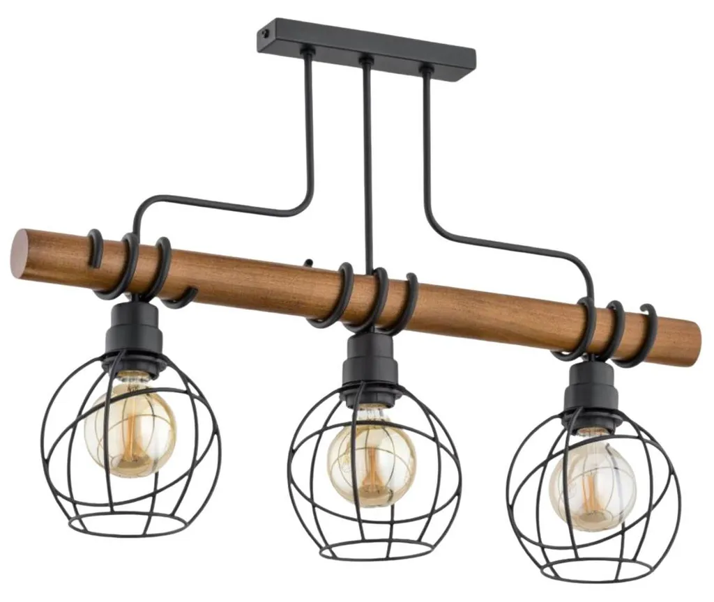 Suspension Lustre 3 Lumières en Bois Foncé et Métal Noir Style Industriel