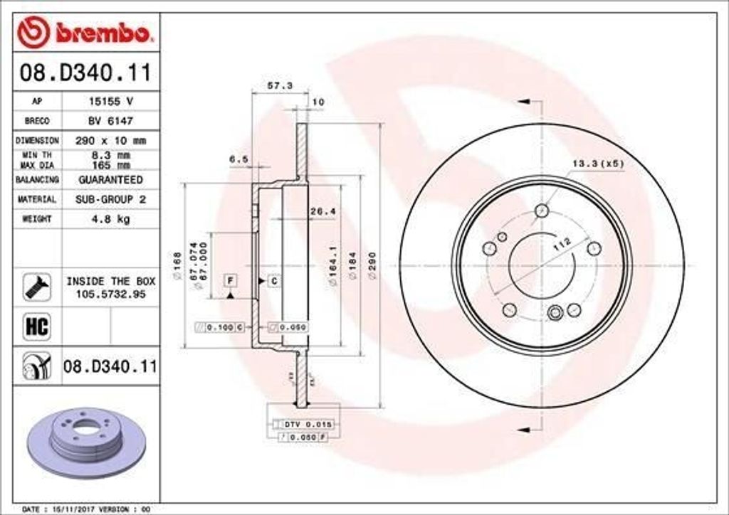 BREMBO 08.D340.11 - OE 1294230412 Bremsscheibe für SL (R129)