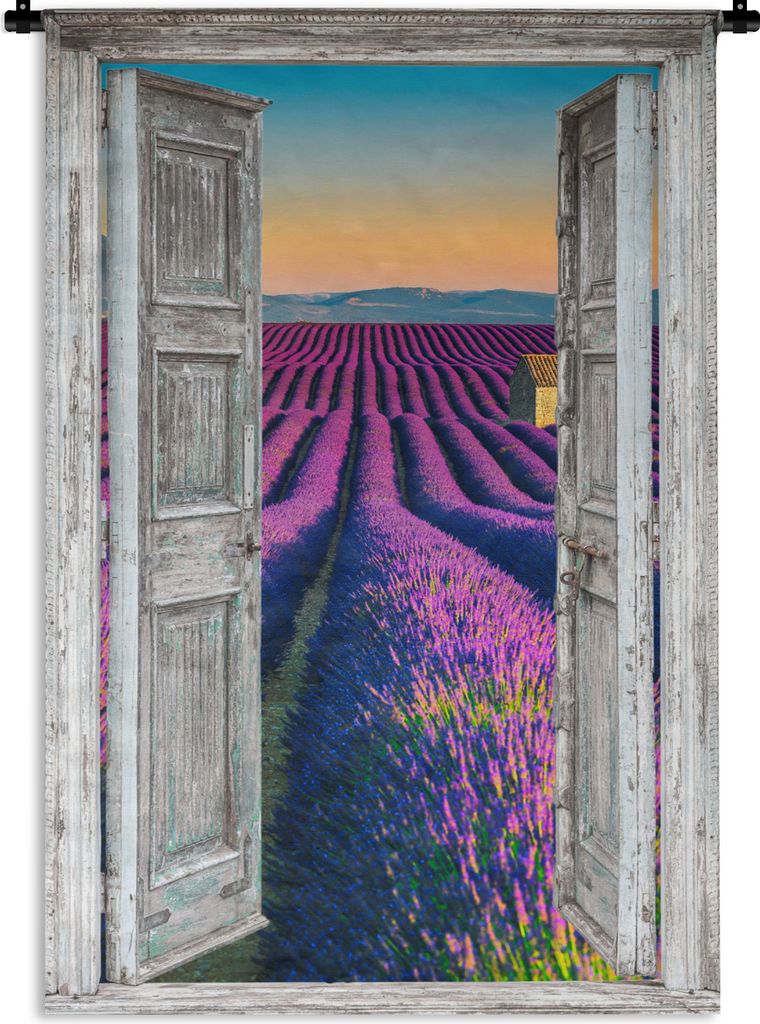 MuchoWow Wandteppich Wandbehang Lavendel - Sommer - Ausblick - Blumen 90x135 cm Tapisserie Dekoration Wandtuch - Baumwolle - Wandskulptur