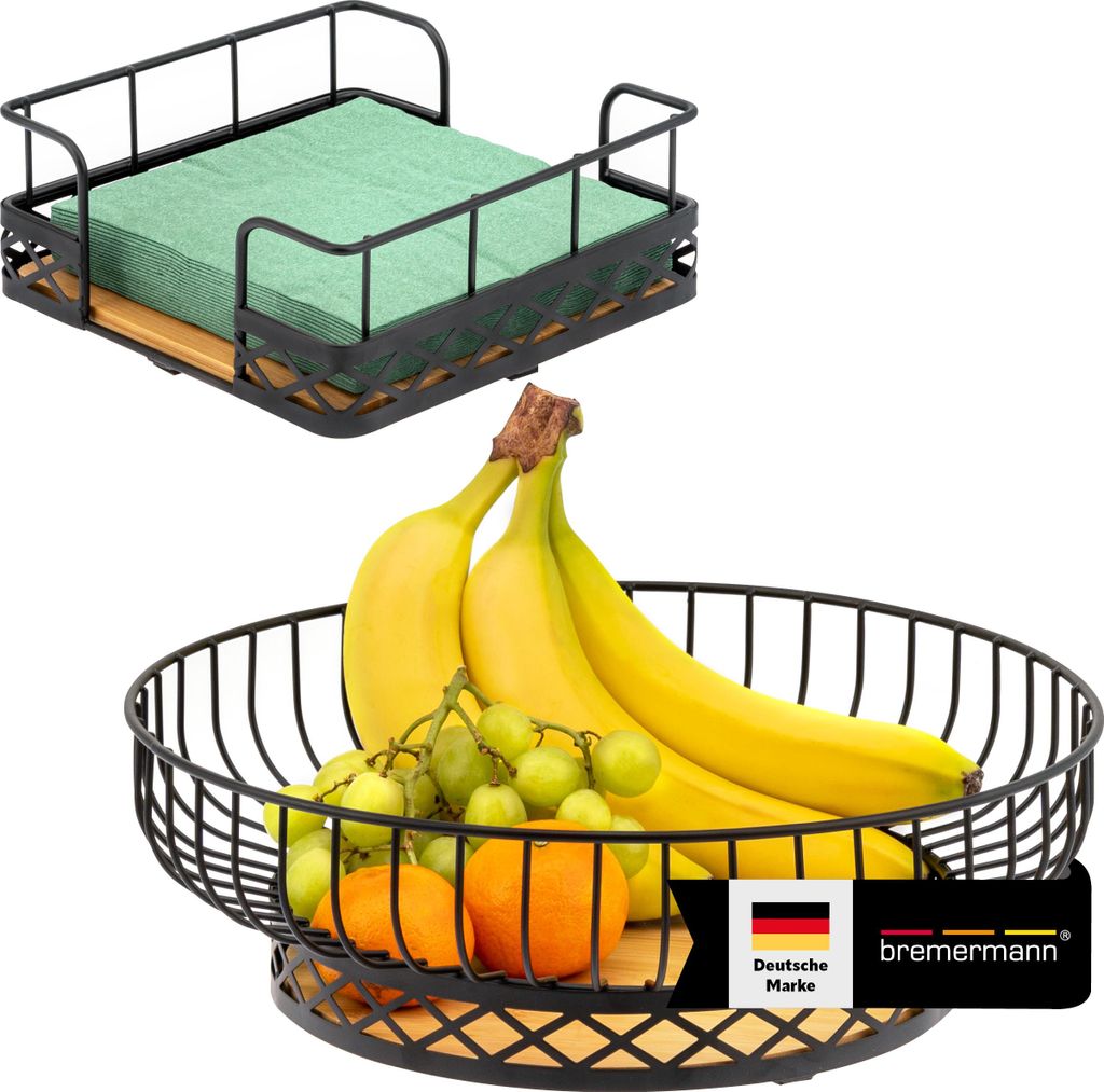 bremermann Obstkorb 2er Set inklusive Serviettenhalter, Obstschale/ Brotkorb aus Bambus und Metall