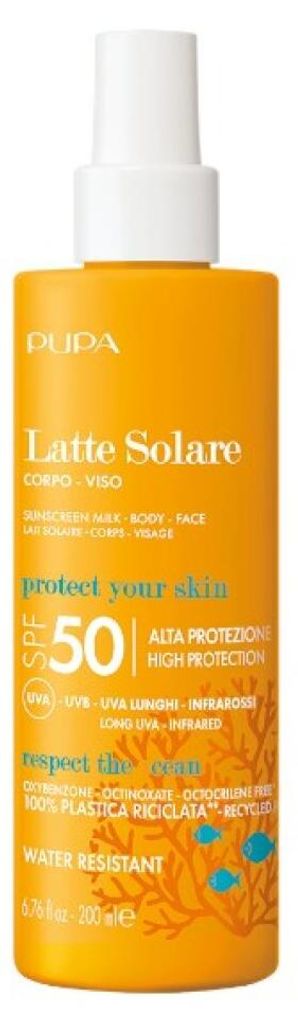 PUPA Milano Sunscreen Milk SPF 50, Sonnenmilch, Gesicht & Körper, Spray, Elastizität, Schutz, Jeder Hauttyp, 200 ml