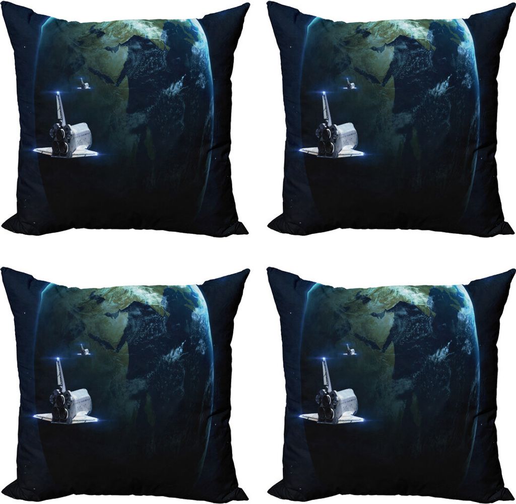 ABAKUHAUS Galaxis Kissenbezug Set (4 Stück), Spaceship Earth Fiction, Moderner Doppelseitiger Digitaldruck, 45 cm x 45 cm, Marine-Blau-Grau