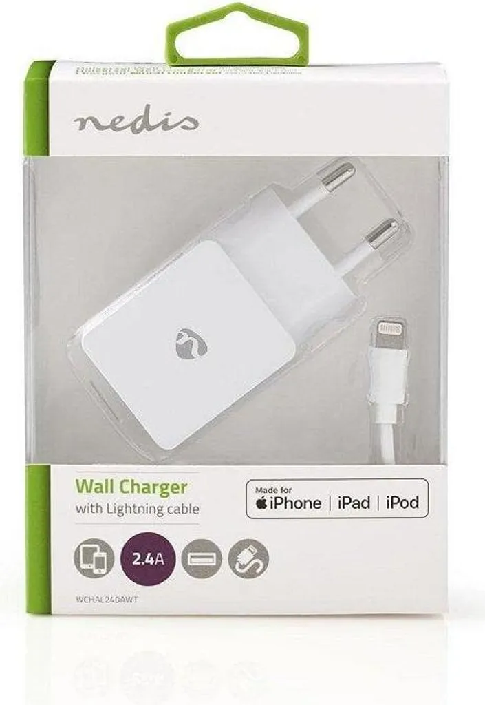Chargeur secteur Lightning 2,4A blanc avec câble intégré pour iPhone