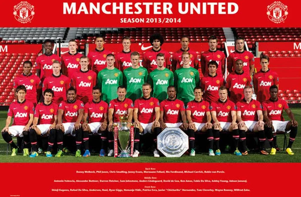 Poster Manchester United Photo d'Équipe 13/14 avec Plinthes Bois 92cm