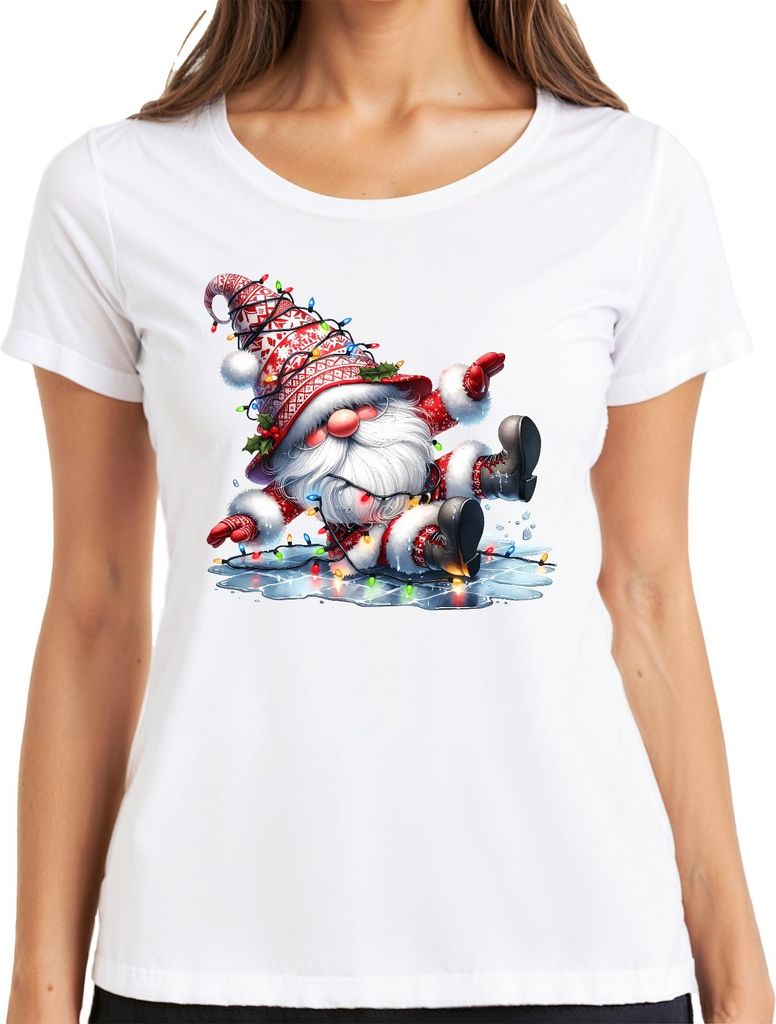 Lustiger Weihnachtswichtel rutschend auf Eis mit Lichtern Weihnachten Damen T-Shirt, Weiß, S