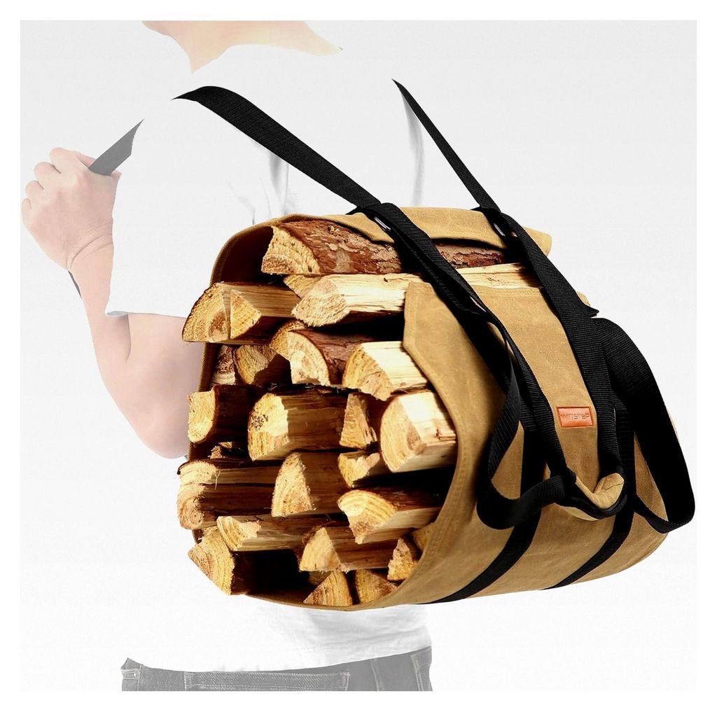 Feuerholz-Trage-Rucksack, wasserabweisende Tasche für Feuerholz, stabile Tragetasche mit verstellbaren Gurten, gewachster Canvas-Rucksack für Inn...