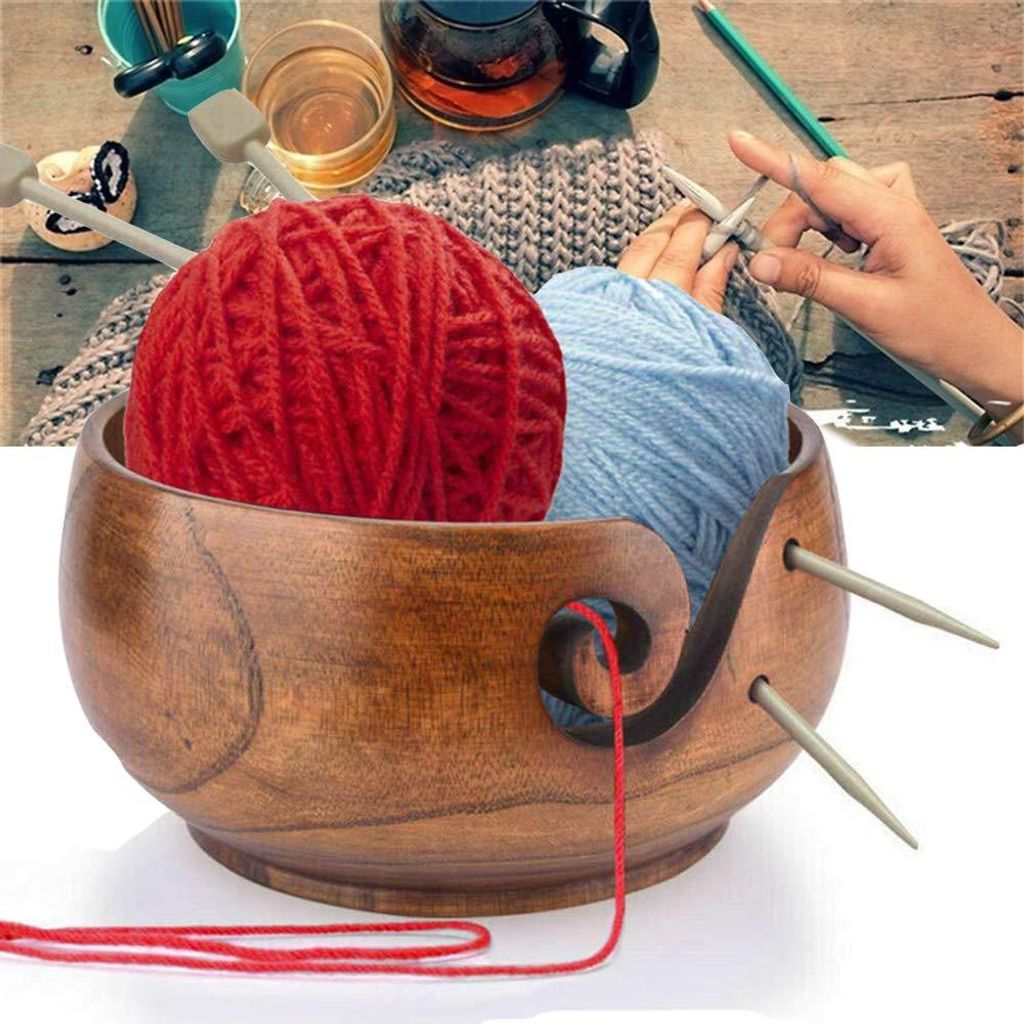 Garnschale aus Holz, Multifunktionale Portable Handgefertigte Garn-Aufbewahrungsschüssel mit geschnitzten und gebohrten Löchern für Stricken Hä...